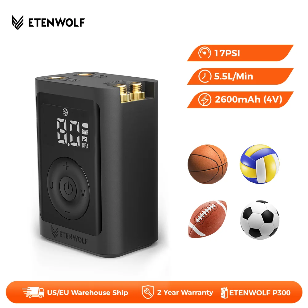 

Электрический шаровой насос ETENWOLF P300, точный манометр, надувание и дефляция, баскетбольный футбольный волейбольный насос с иглой для мяча