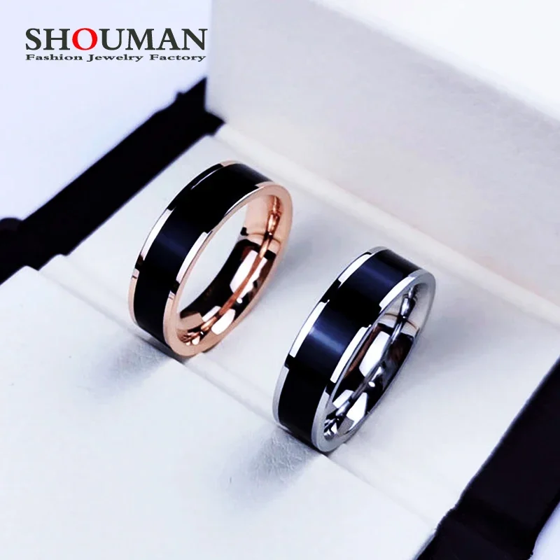 SHOUMAN Rose Gold Color White Black Charm Ring for Woman Man Custom Engrave Name Wedding Jewelry 316L Stainless Steel Never Fade