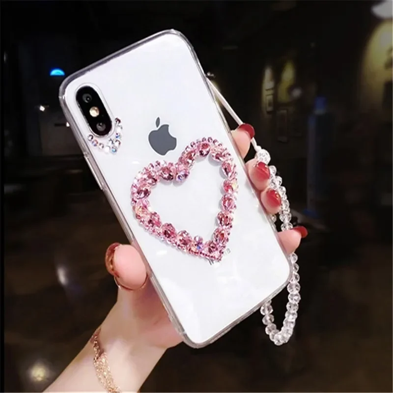 Luxury Diamond Love Heart Case for Samsung Galaxy, Bling Crystal, Handmade, S24, S20 Plus, S21 FE, S22, S23, Note9, Note10, Note