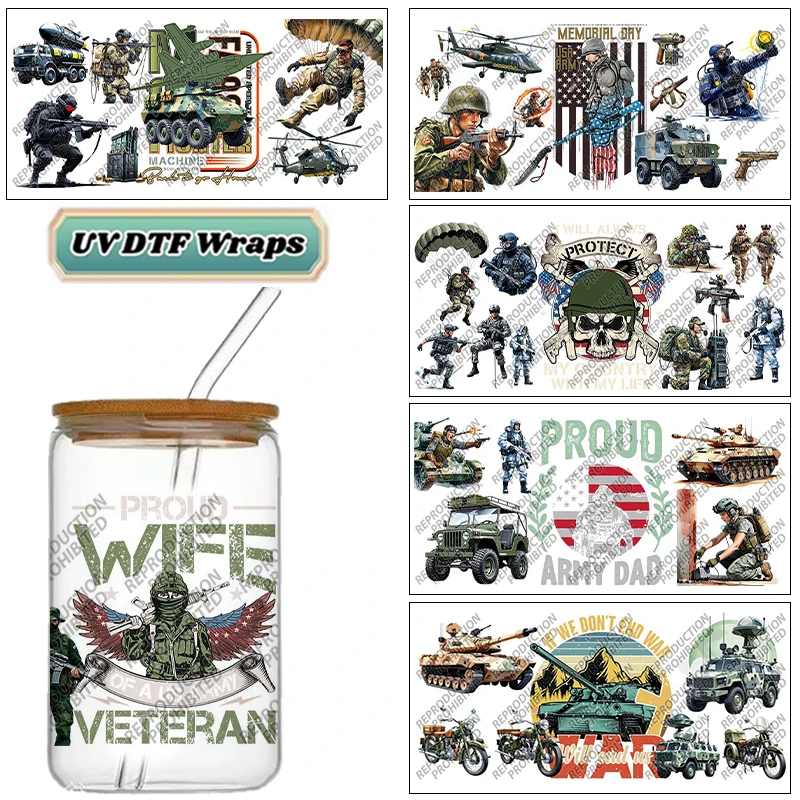 Military Veteran UV DTF Wraps, Army Soldier Patriotic Stickers for 16oz Cups, High-Quality Waterproof DIY Transfer Decals