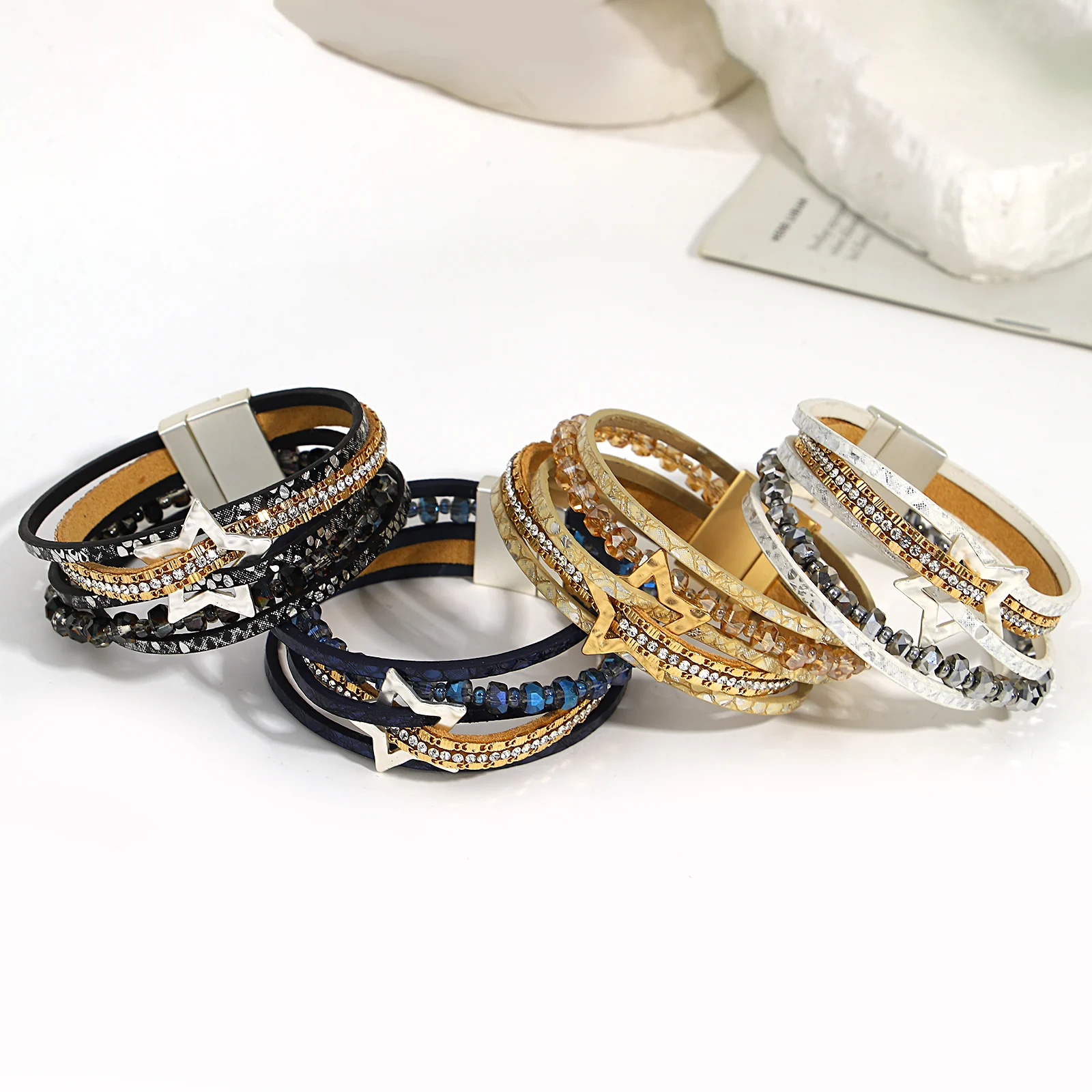 

Amorcome Fashion Rhinestone Metal Stars Charm Bracelet for Women Men Crystal Beads Multilayer Wrap Leather Bracelets Jewelry