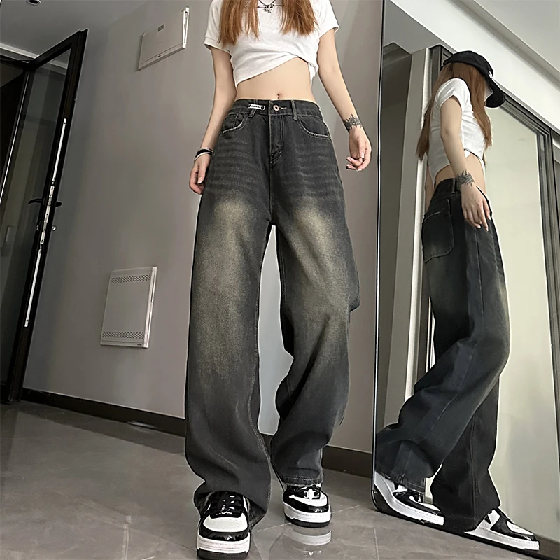 

High Street Retro Semi-Elastic Waist Jeans Men Summer Trendy Neutral Loose Casual Wide Leg Floor-Length Pants
