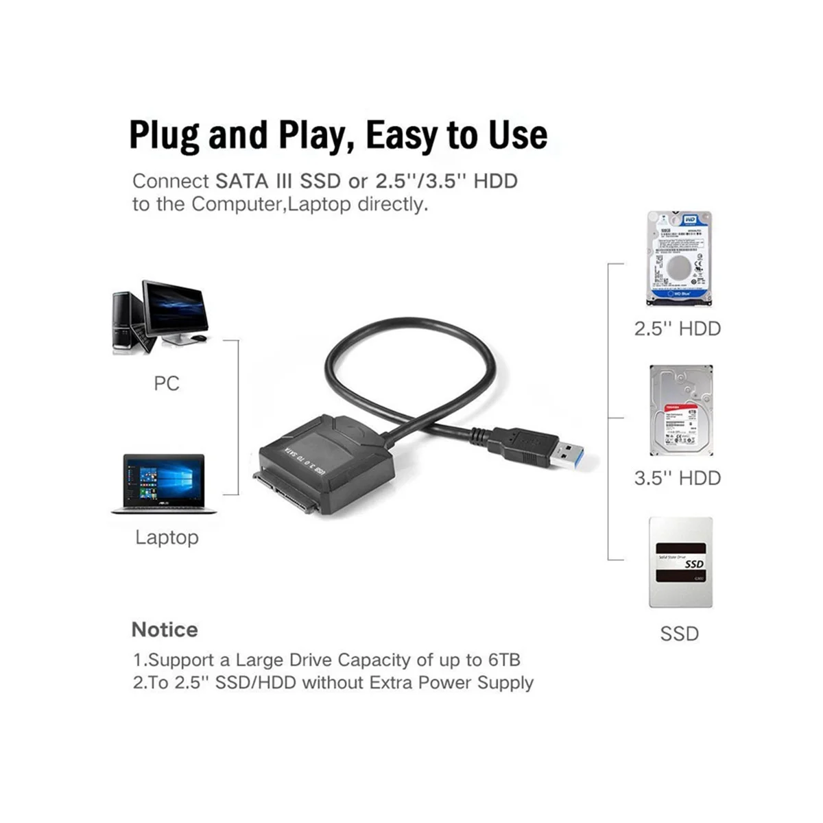 Sata Adapter Cable USB 3.0 To Sata Converter 2.5/3.5 Inch Hard Disk Drive for HDD SSD USB3.0 To Sata Cable,No Plug