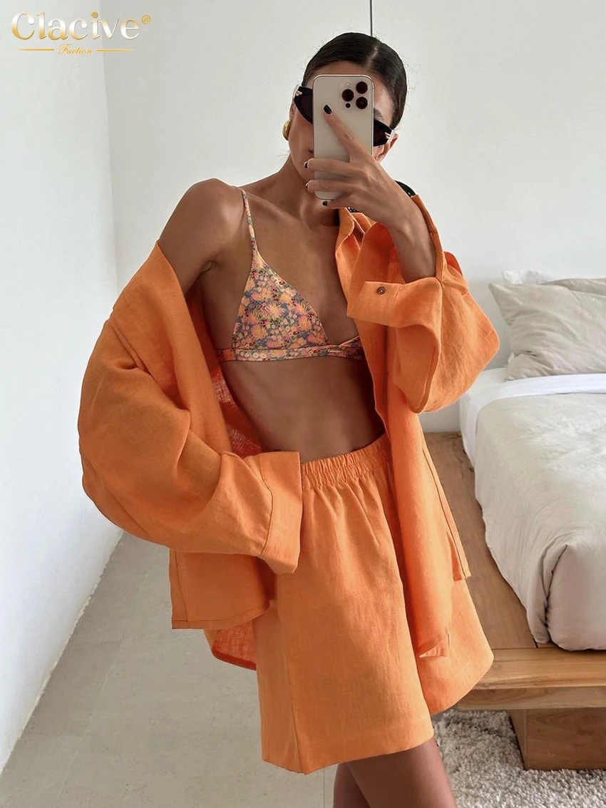 Clacive Casual Loose Orange Cotton 2 Piece Set Women Outfit 2024 Elegant Long Sleeve Shirt With High Waist Shorts Set Streetwear