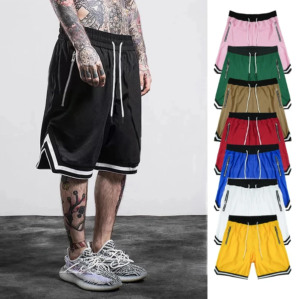 Men\'s Quick-drying Breathable Mesh Fabric Sports Shorts Loose Basketball Pants Solid Color Summer Sports Fitness