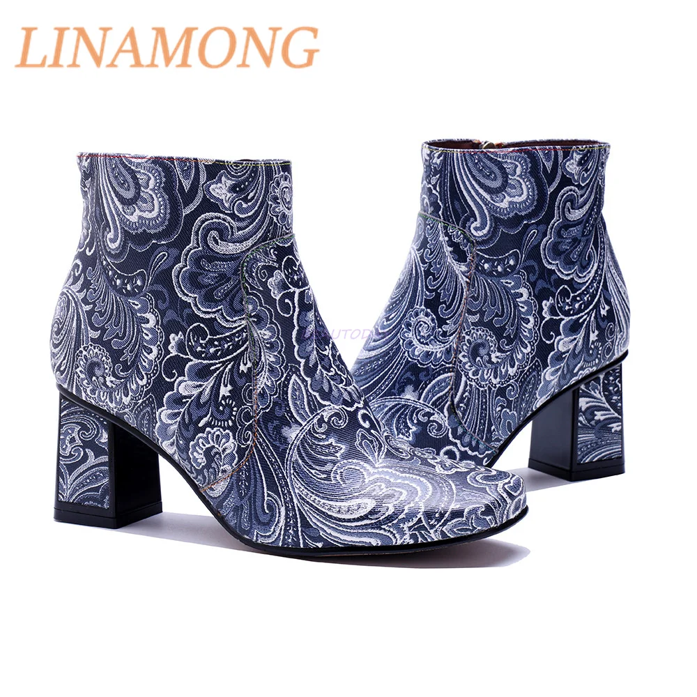 ساحة اصبع القدم كعب سميك أحذية قصيرة الأزرق والأبيض اليد نحى طباعة المتخصصة تصميم الجانب سستة كعب مربع كعوب عالية الموضة