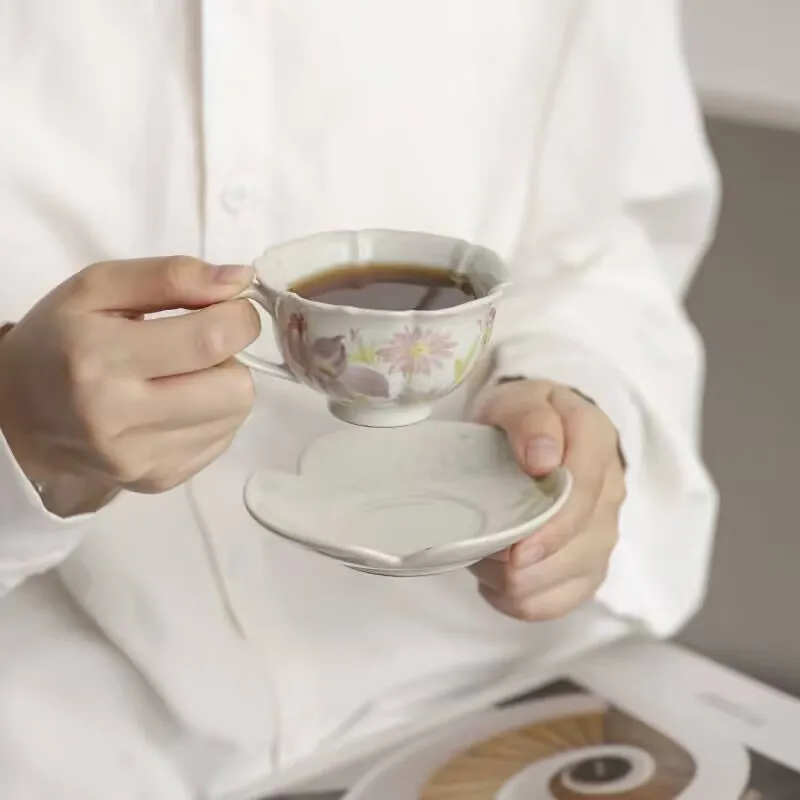 

retro oil painting coffee cup and saucer, underglaze ceramic cup, hot-selling latte art cup, afternoon tea vintage cup