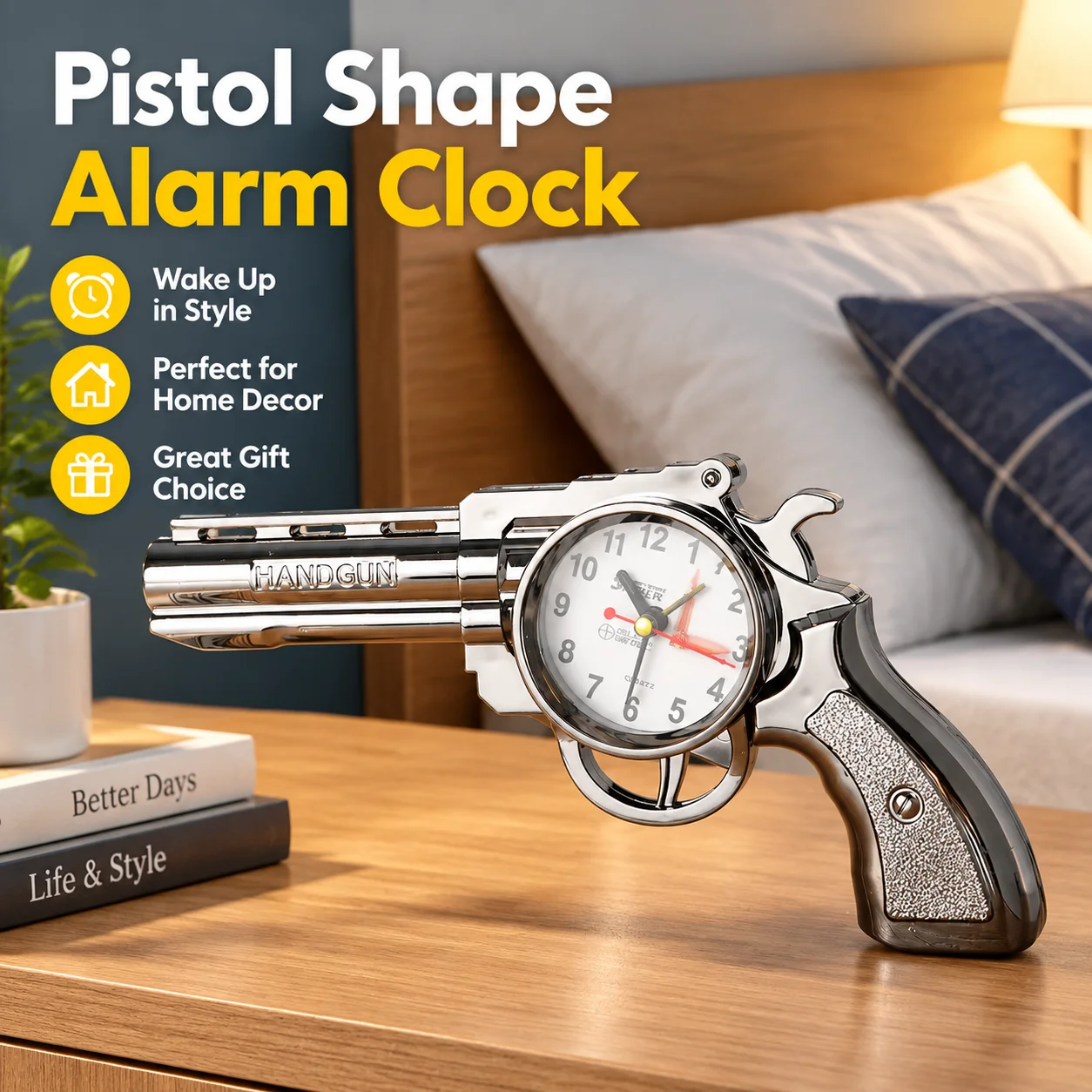 Pistol Shaped Alarm Clock Model Ornament Timepiece for Bedroom Table Home Decor Small Gift for Male and Female Students