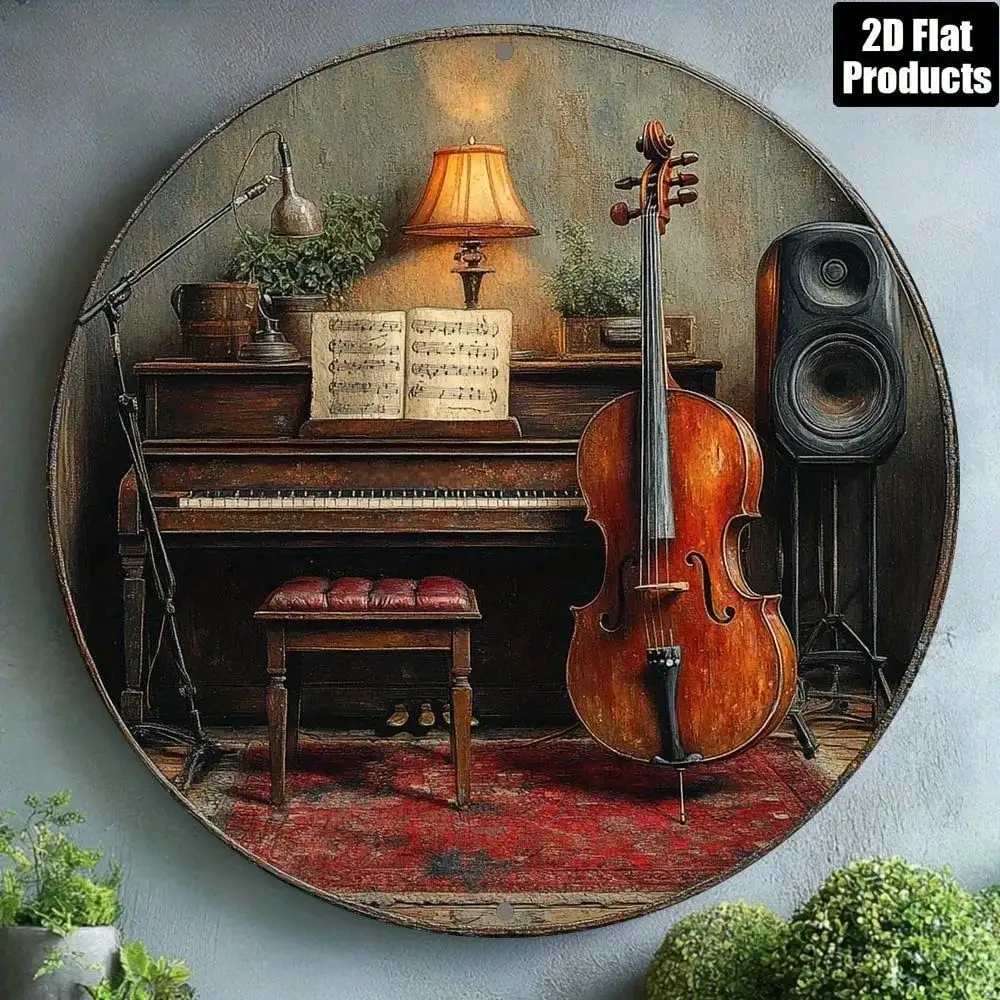 Brand Vintage Metal Wall Art Musical Instrument Piano Cello Round Rustic Aluminum Decor Sign For Living Room Home Office Cafe