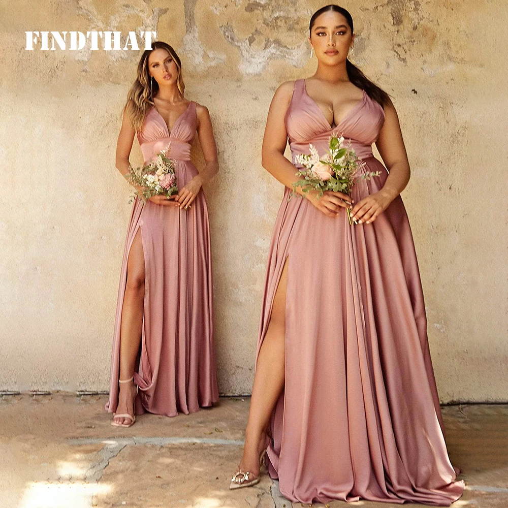 

Findthat Bridesmaid Dress For Wedding 2024 V-Neck Silk Satin Prom Evening Gowns Long Sleeveless Maxi Dresses with Side Slit