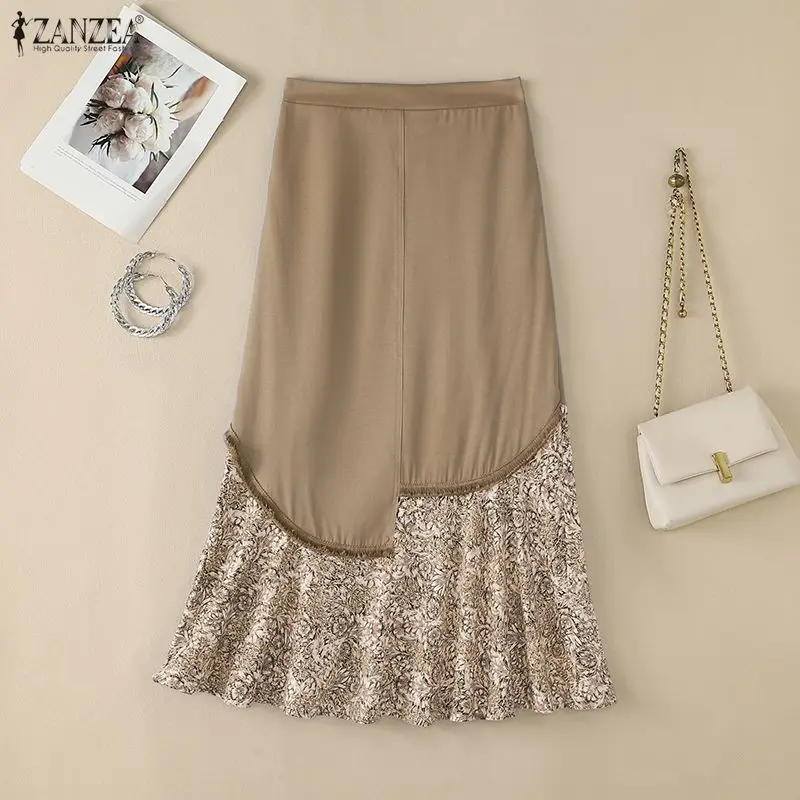 ZANZEA 2026 Women Bohemian Denim-Like Maxi Skirts Asymmetrical Floral Patchwork A-Line Long Skirt Autumn Vacation Faldas Mujer