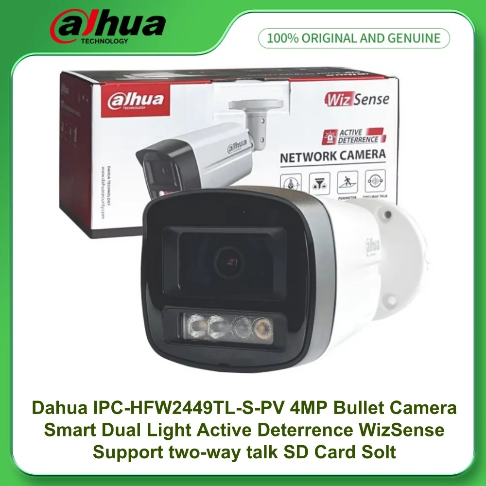 

Dahua IPC-HFW2449TL-S-PV 4MP Smart Dual Light Active Deterrence Bullet WizSense Network PoE Camera Two-way Talk SD Card Solt