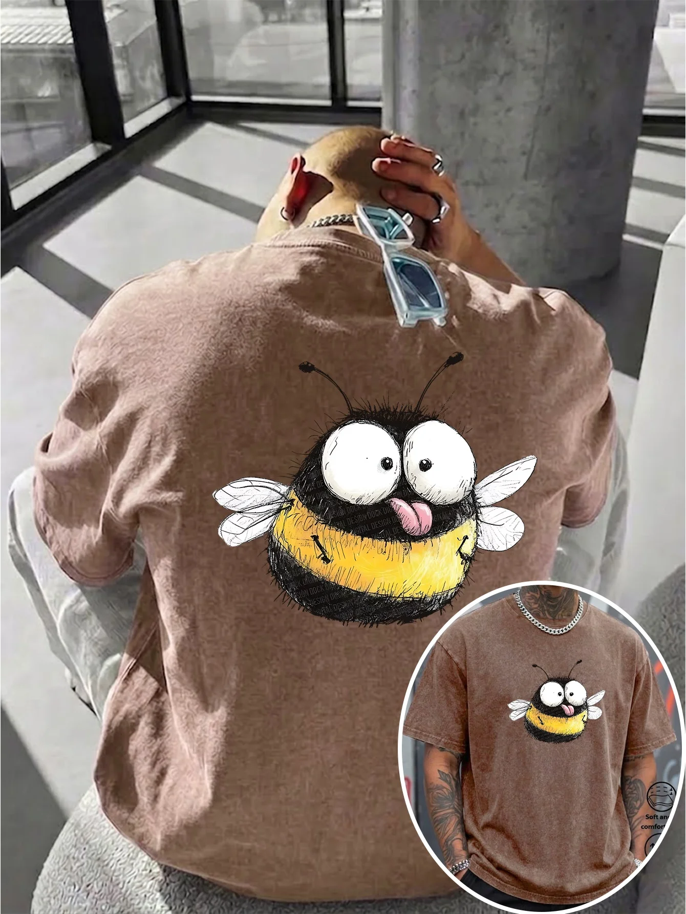 Men's Washed Cotton T-shirt Retro Hand Drawn Chubby Bumblebee Sketch Print Cute Illustration Streetwear Short Sleeve S-3XL
