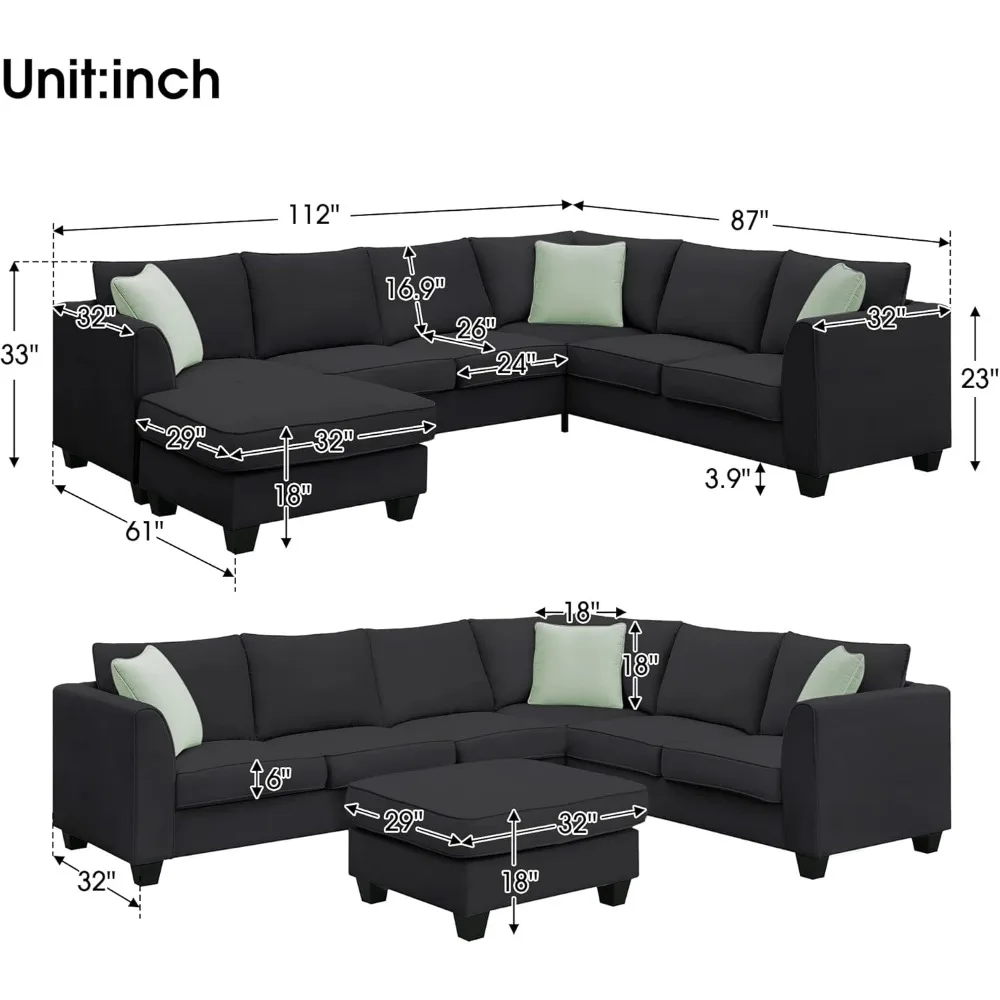 Living Room 7 Seats Modular Sectional Sofa With Ottoman Modern Sofa Set Living Room Furniture Full Set L U-Shape Black the Sets