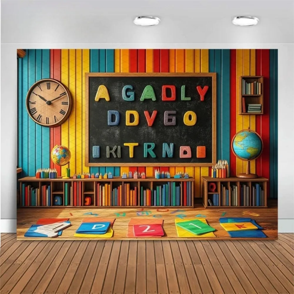 Globe Colored Wall Classroom Decoration Photography Background, Blackboard Letter Student Return To School Photography Backdrop