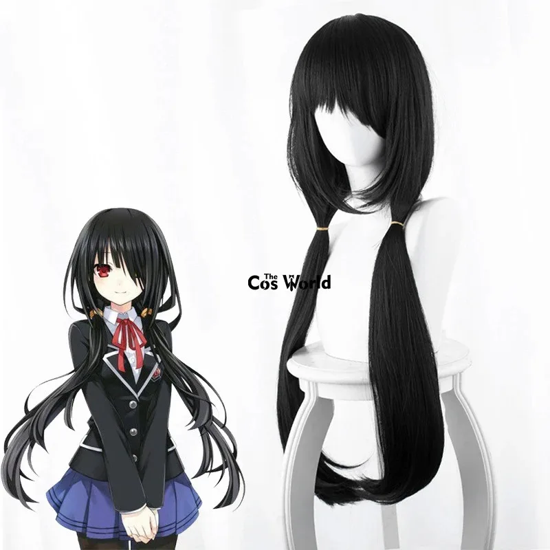 Date a Live Tokisaki Kurumi-pelucas de Cosplay de Anime, color negro, 80cm de largo y liso, pelo sintético de fibra resistente al calor + gorro de peluca