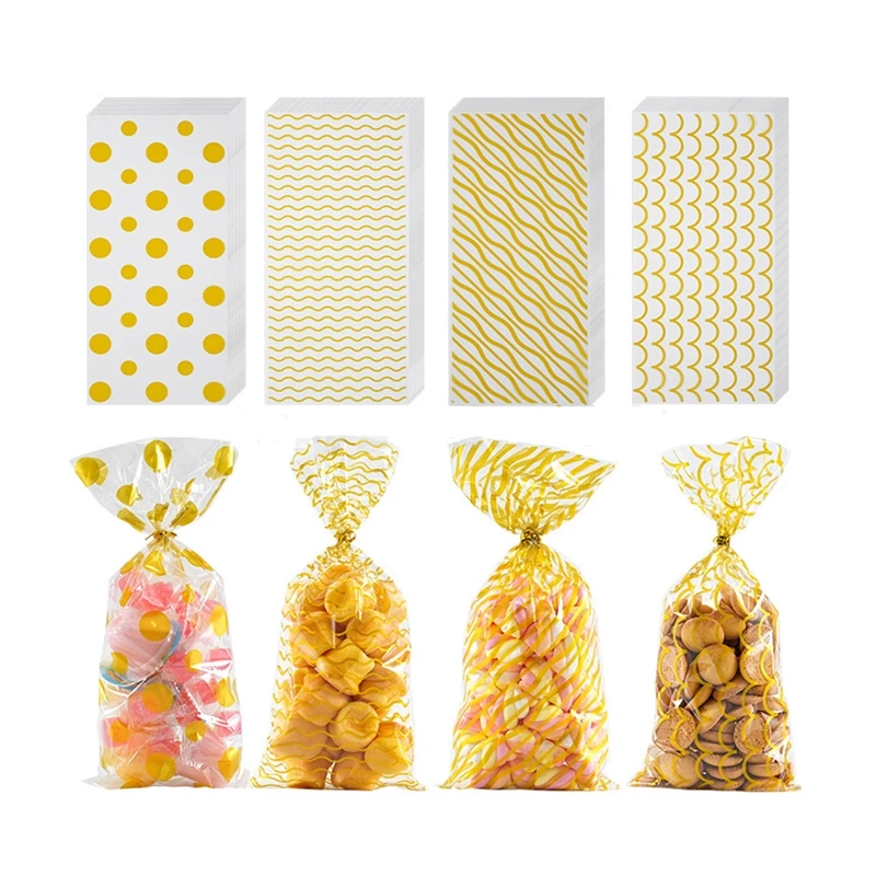 100pcs OPP Flat Bottom Candy Bags for Festival Party Gifts Sweets Snacks Cookies Packaging Tied Pocket 4 Patterns Mixed Packaged