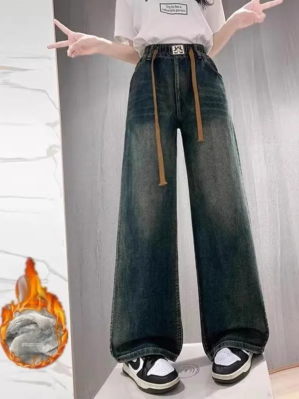 

Retro High Waist Loose Fit Straight Leg Jeans Women's plus Size Wide Leg Long Trousers Dstring Elastic Waist Denim Pants