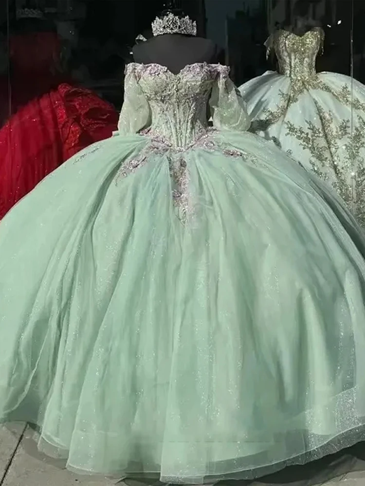 فستان Quinceeneara رشيق من الأورجانزا مع تطريز ترتر ثوب حفلة بأكمام طويلة ورقبة على شكل حرف v مخصص للحفلات الراقصة فيستدو دي نوش