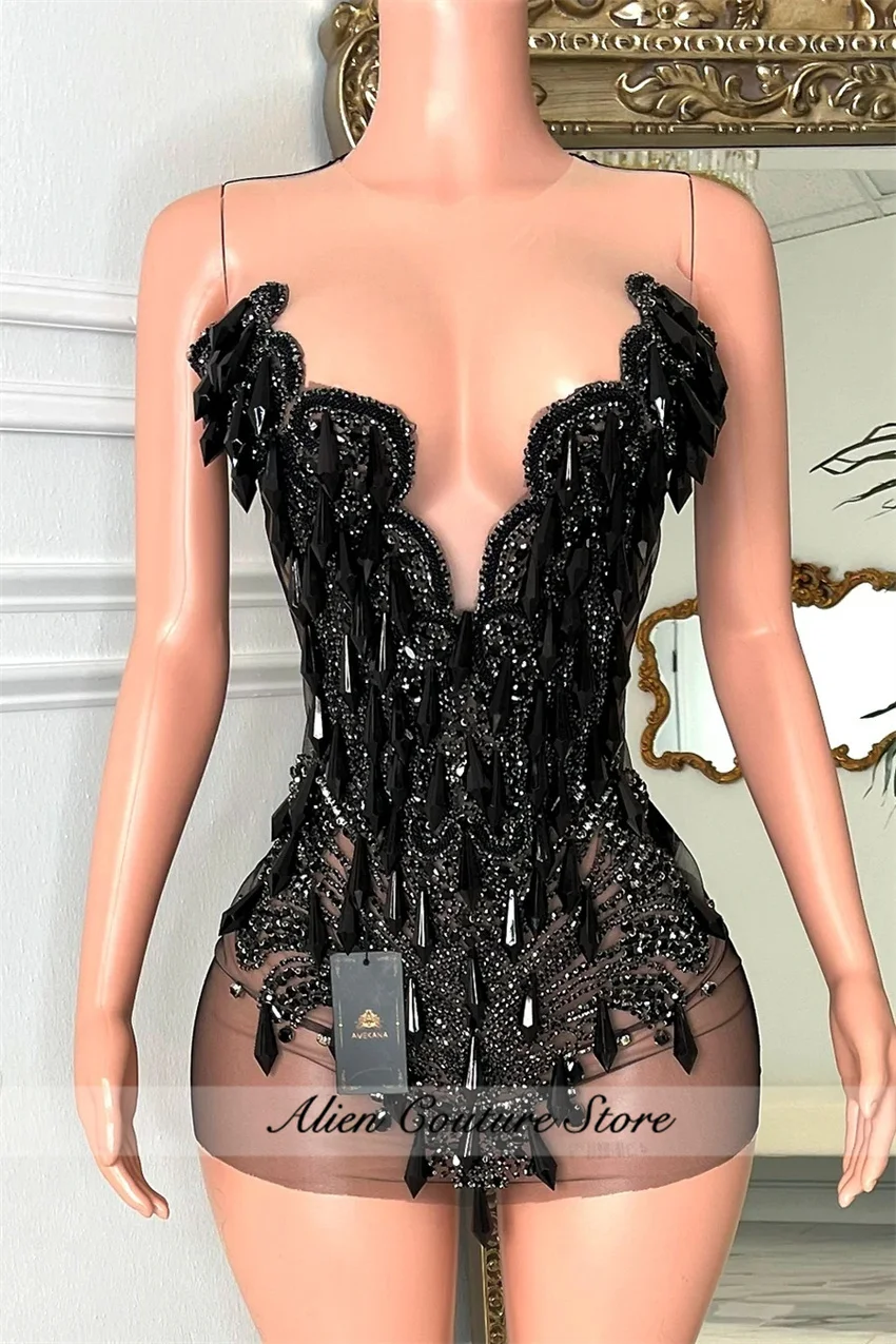 Customized Black Mini Short Prom Dresses For Black Girls Sparkling Beaded Diamond Birthday Senior Party Dresses Robe De Bal