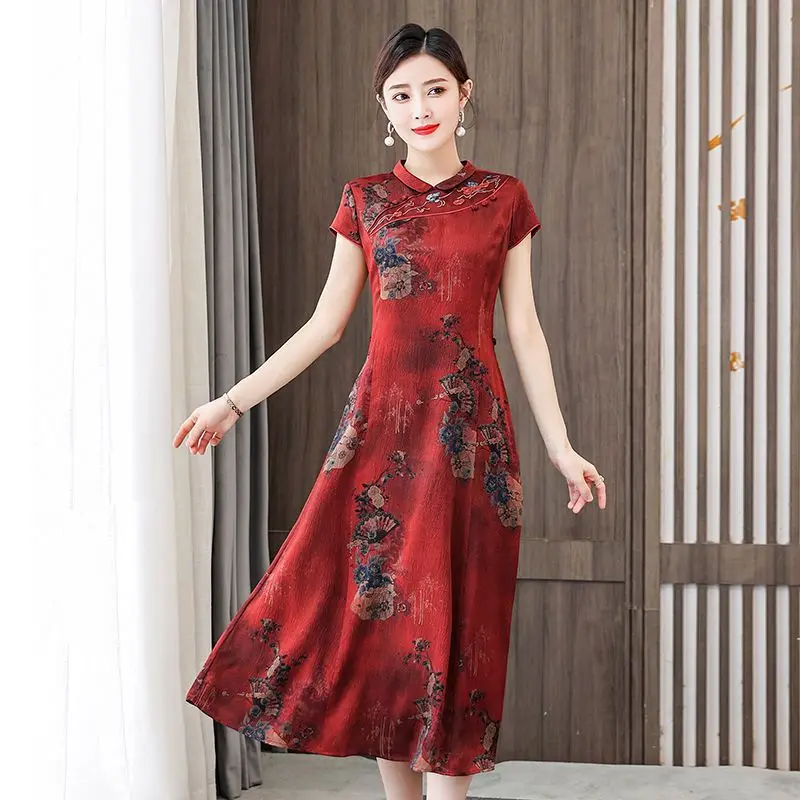 Women Red Floral Cheongsam Chinese Style Female Embroidery Mid Long Dress Vintage Qipao Wedding Costume Evening Dresses A-Line