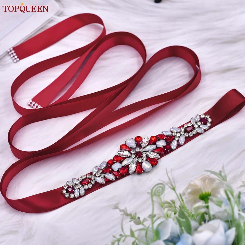 TOPQUEEN-faja nupcial con piedras preciosas rojas para mujer, cinturones decorativos para vestido, cinturones de diseñador para vestidos de noche, S424-Red