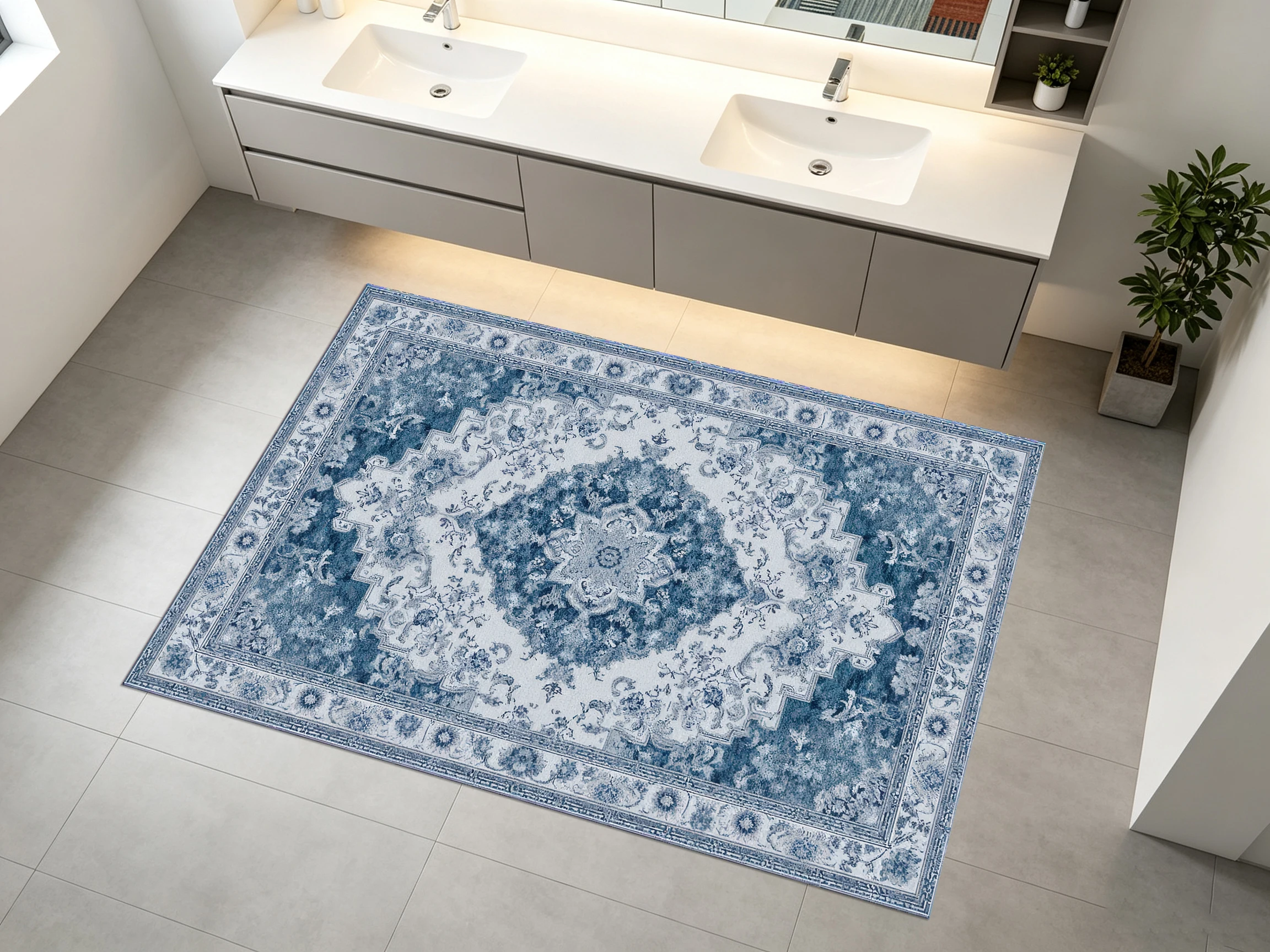 2D Large Rug in Gray-Blue Retro Persian Pattern, Soft & Comfortable, Suitable for Living Room & Bedroom, Enhancing the