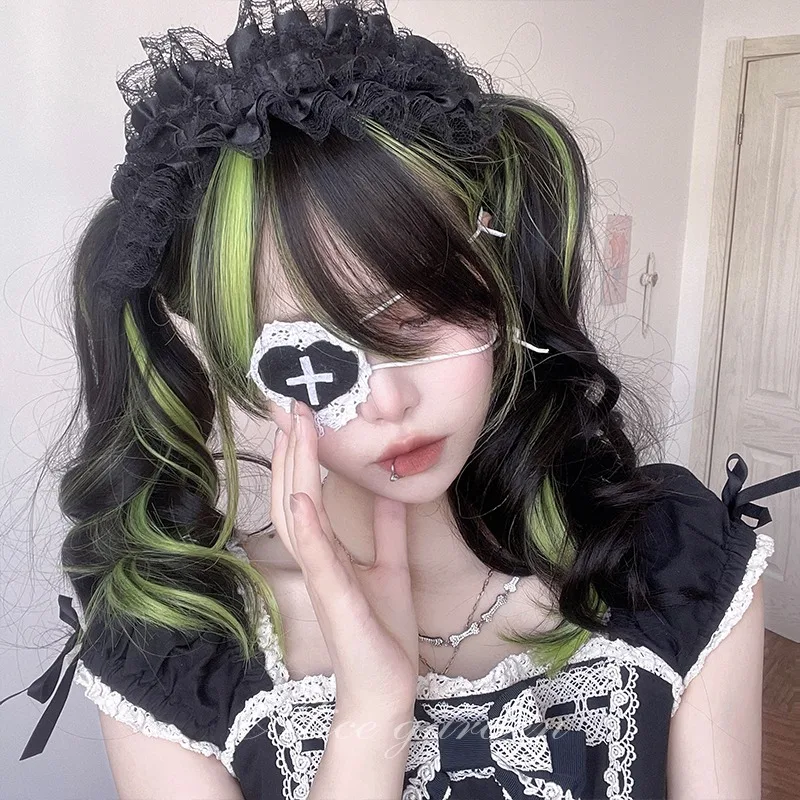 

Synthetic Long Wavy Lolita Wig with Bangs Medium Length Wig Girl Cute Black Green Cosplay Party Halloween Harajuku Wig For Women