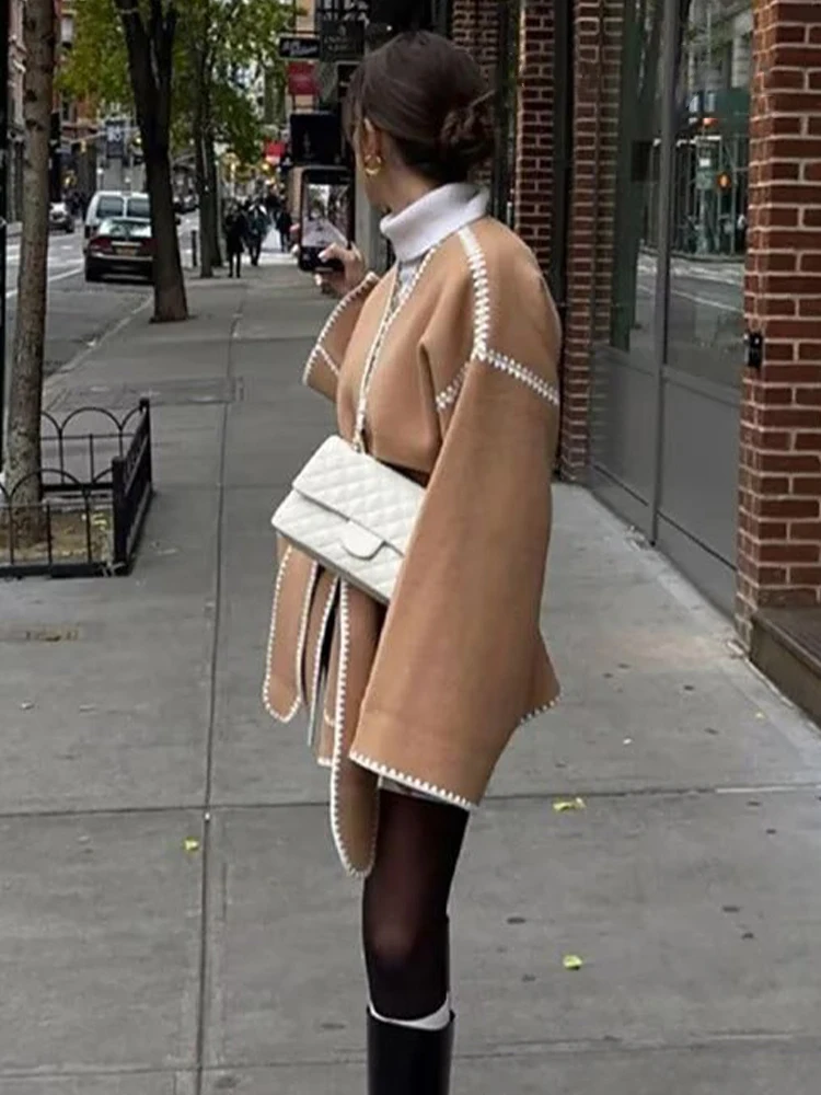 HH femmes automne mode col en v coquille artisanat ceinture laine veste femme polyvalent haute rue décontracté poche manteau décoratif