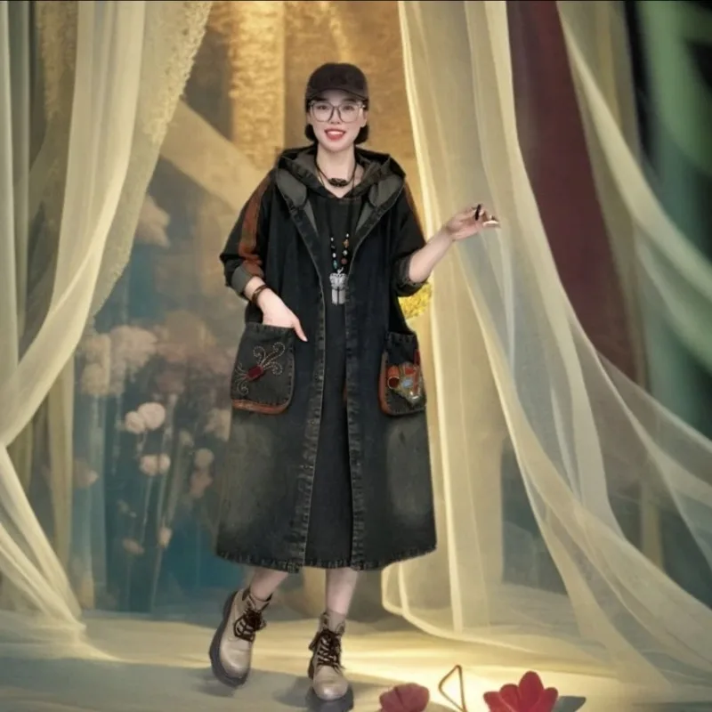 100 كجم يمكن ارتداؤها في الخريف جديد مقلي اللون الرجعية الدنيم معطف طويل خندق المألوف فضفاض كبير الحجم الملابس النسائية