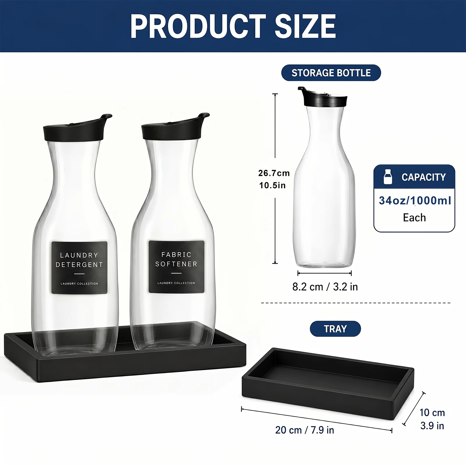 2pcs Laundry Detergent Empty Dispenser Bottles, 34oz/1000ml Laundry Soap Dispenser with Silicone Tray & 15 Waterproof Labels