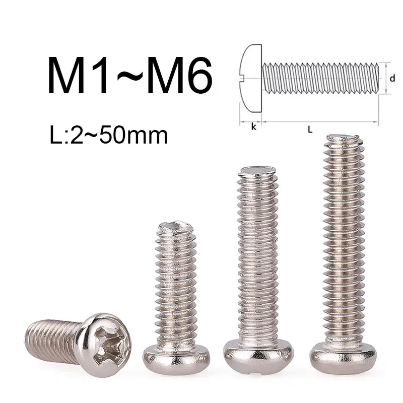 10~500PCS Carbon Steel Phillips Round Head Screw M1 M1.2 M1.4 M1.6 M1.7 M2 M2.5 M3 M3.5 M4 M5 M6 Nickel Plated Phillips Bolt