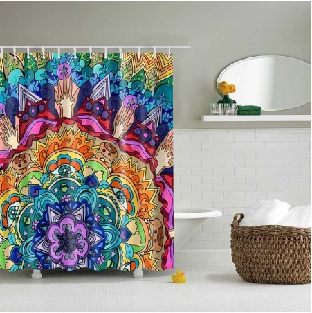 Bohemian Beach Fabric Shower Curtain Bathroom Curtains Indian Mandala Flower Waterproof Fabric Bath Screen with 12 Hooks