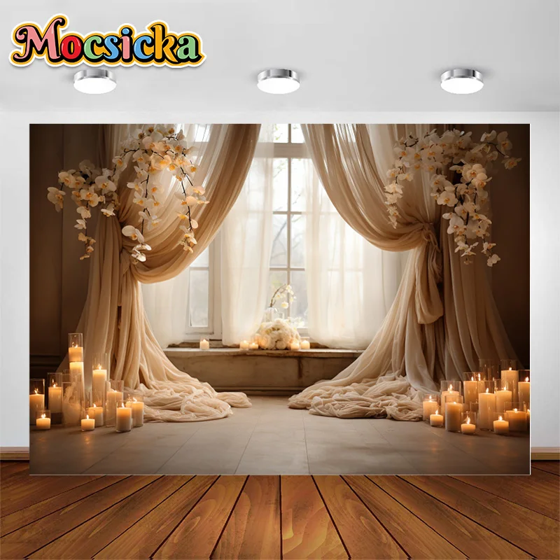 Beige Wedding Decor Photography Backdrops Curtains Candles Bridal Shower Romantic Style Delicate Flower Background Studio Props