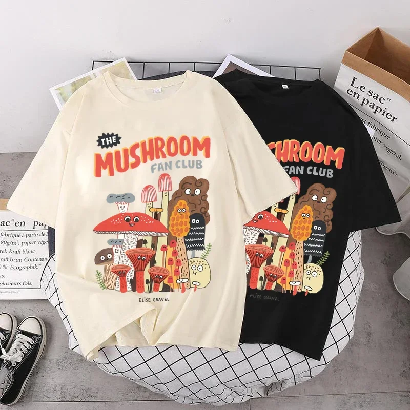 

Cotton Retro Apricot Mushroom Cute T Shirts O-neck Casual Summer Woman Tshirts 2022 Mushroom Retro Fashion Streetwear Clothes