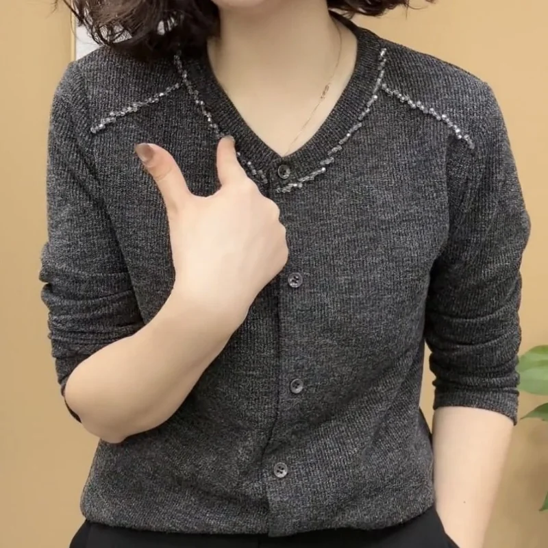 Premium Gray Long Sleeve Round Neck Rhinestone T-Shirt Women Slim Fit Basic Top