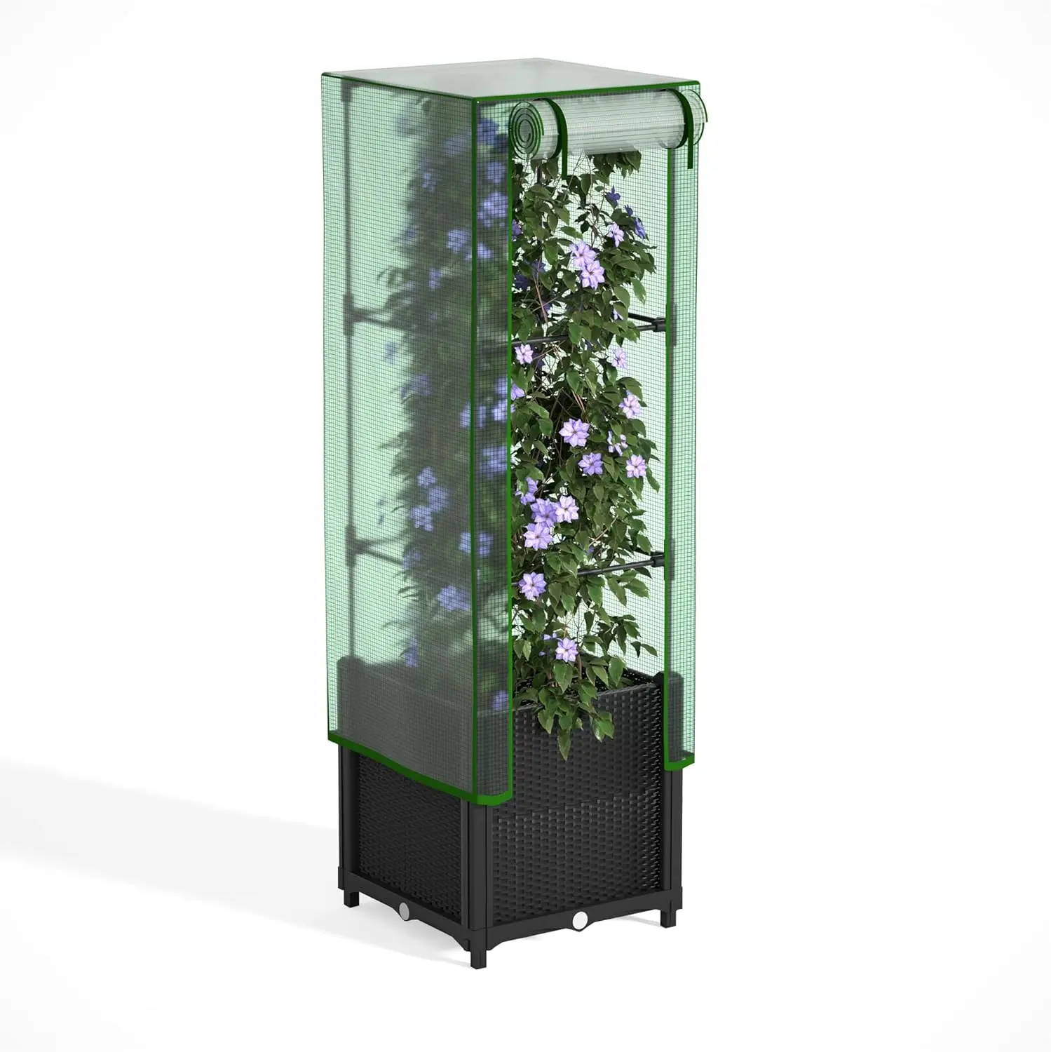

Пластиковая садовая кровать 16 x 16 x 55,5 дюймов с крышкой для теплицы и решеткой, вертикальные горшки для помидоров для вьющихся растений,