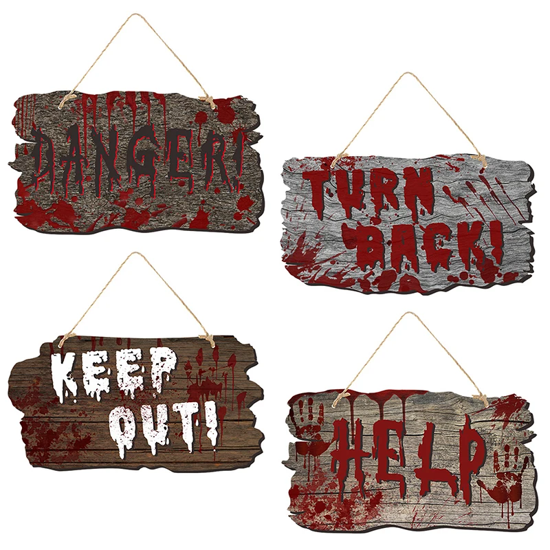 Halloween New Imitation Wooden House Sign Haunted House Horror Atmosphere Decoration Bloody Handprint Listing