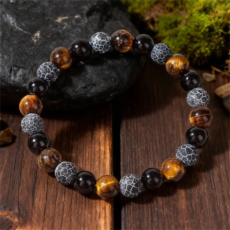 Natürliche Schwarze Obsidian Verwitterte Felsen Tigerauge Perlen Armbänder für Männer zur Gesundheit Dreifacher Schutz Frauen Seelen-Schmuck – Detail 2