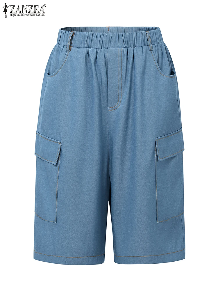 

Модные капри ZANZEA, женские винтажные шорты, лето 2024, прямые брюки, повседневные свободные однотонные брюки с карманами и высокой эластичной резинкой на талии