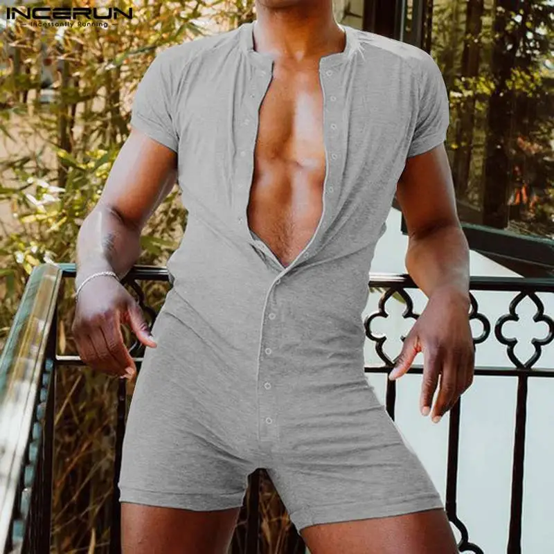 2024 Heren Rompertjes Pyjama Effen Kleur O-hals Korte Mouw Knoop Casual Heren Bodysuits Skinny Homewear Playsuits S-5XL Incerun