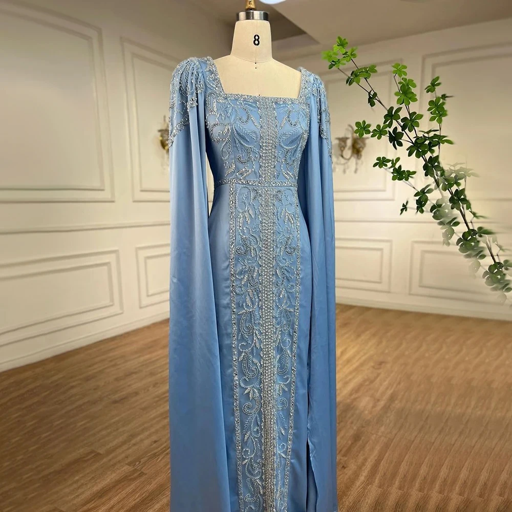 Arabic Caftan Formal Dress for Women Long Cape Sleeves Elegant Square Neckline Long Mermaid Evening Dress Kaftan Morroco