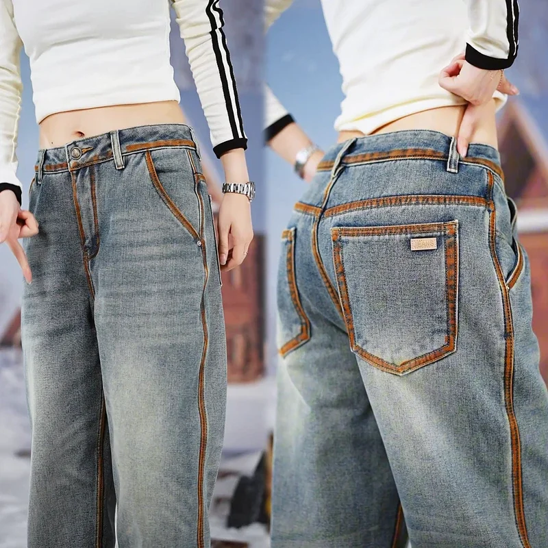 

Men's Faionable Fce Lined Thiened Straight Leg Jeans Casual Wear Resistant Cotton Denim Vintage Sle Autumn Winter