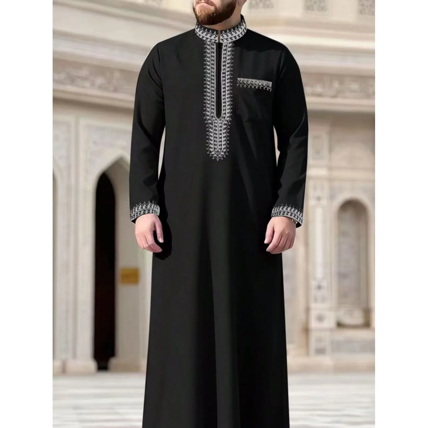 

Dubai Arab Muslim men's long robe for Eid al Fitr worship, high-end elegant standing collar long sleeved black robe