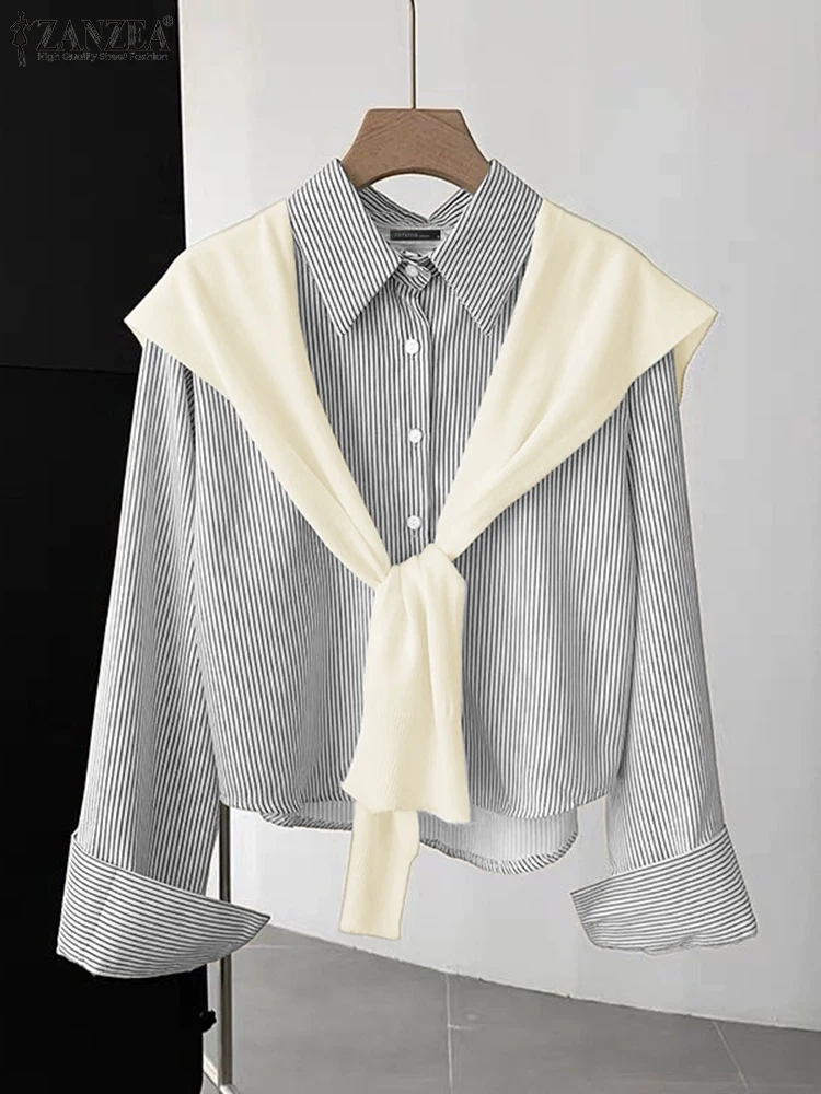 ZANZEA 長袖シャツ女性フェイクツーピーストップス 2025 秋ストライプブラウスパッチワークカジュアルルーズエレガントオフィスブラウス OL