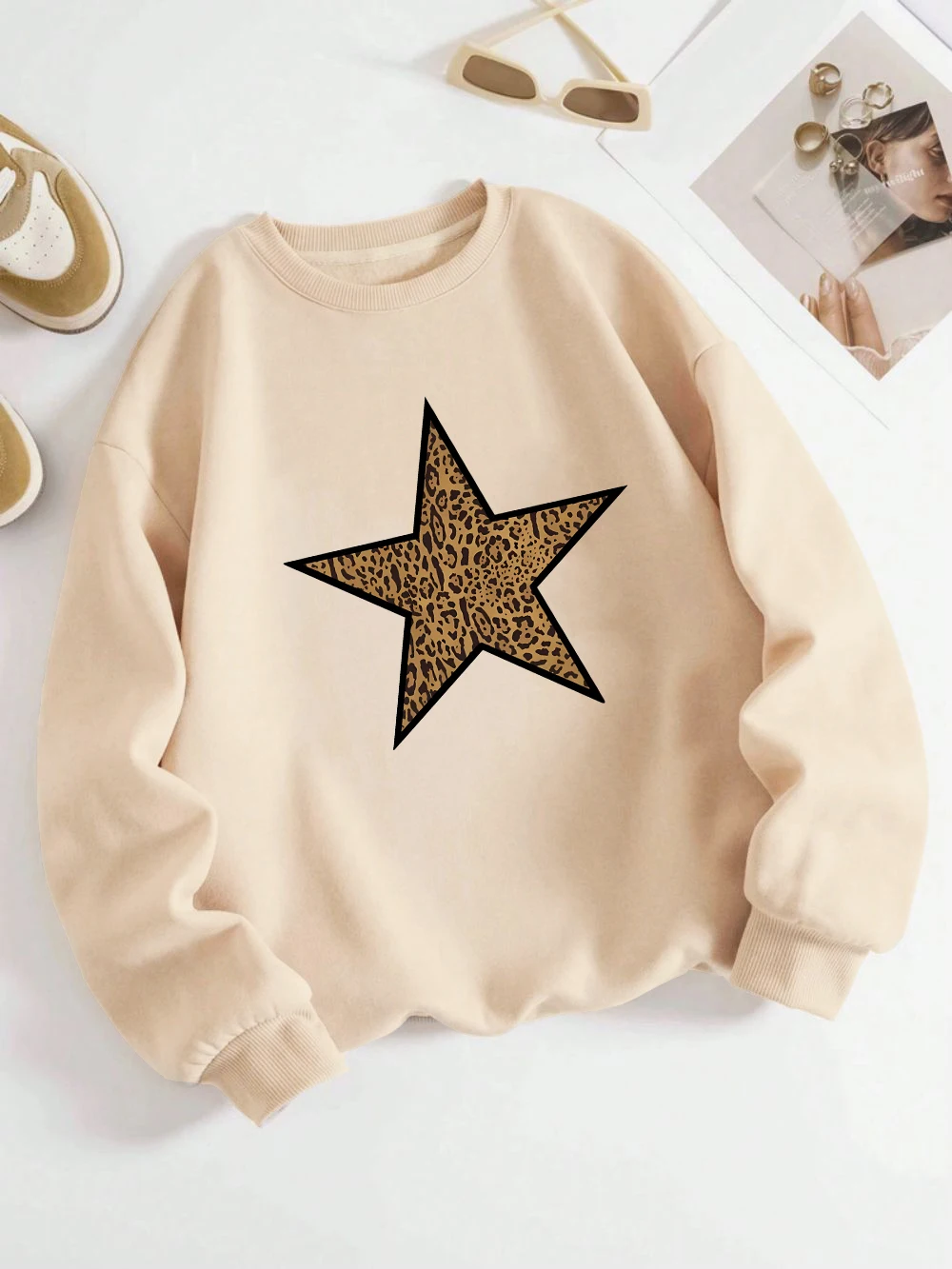 Fashion Womans Pullovers Leopard Pentagram Printing Hoodies Crewneck Fleece Warm Breathable Sweatshirts Autumn Female Clothes