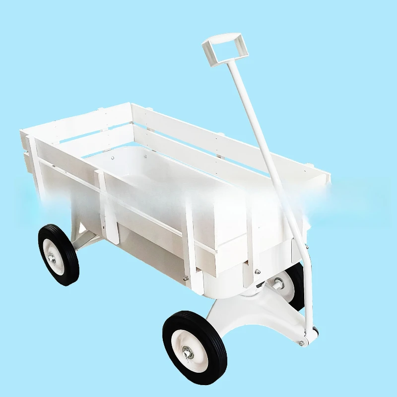 

Outdoor garden tool cart, four-wheel inflatable wooden board enclosure trolley, garden trolley