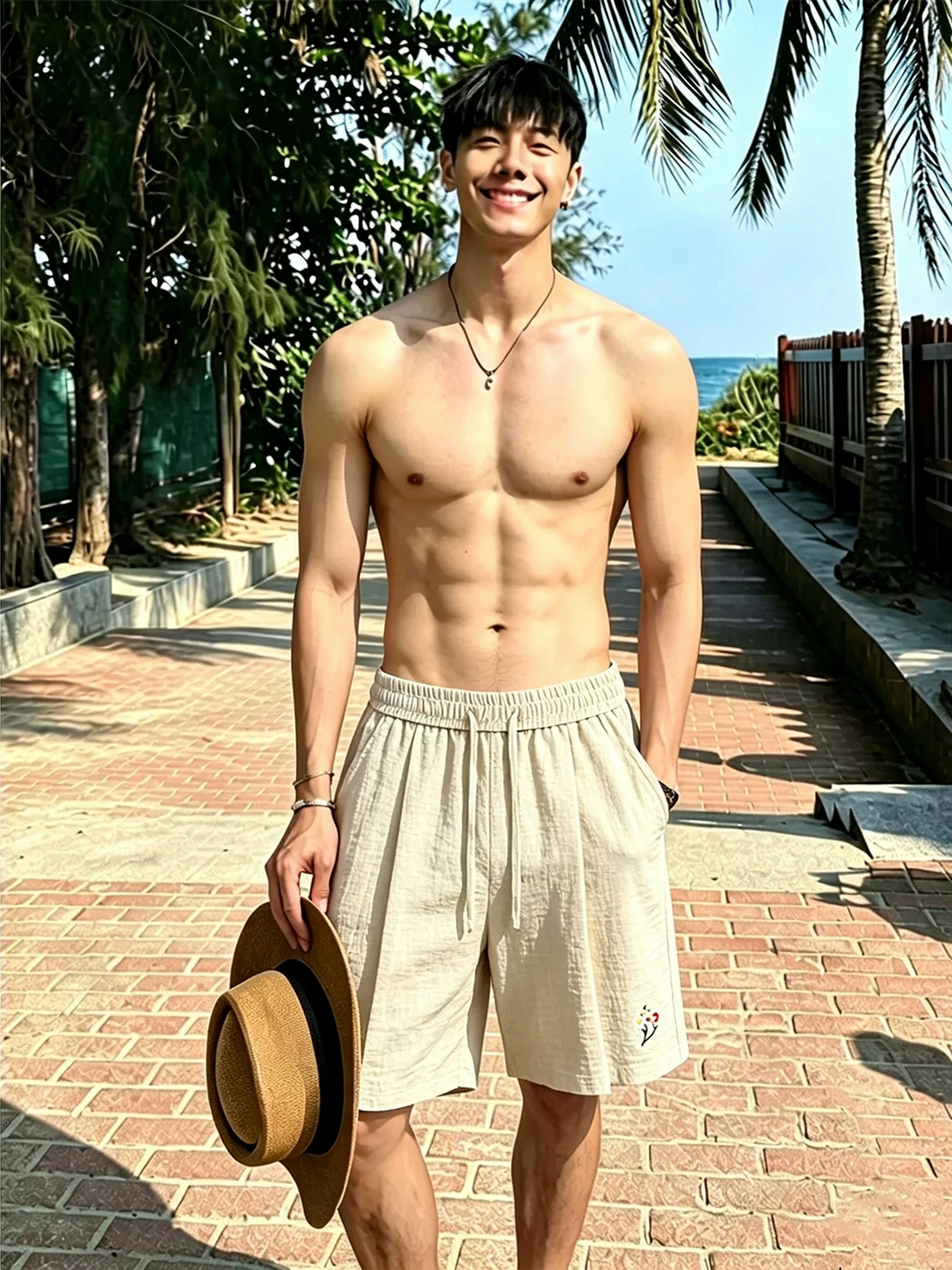 Embroidered Linen Men's Shorts Summer Thin Ice Silk Quick Dry Five-Point Casual Cotton Linen Mid-Calf Length Straight Leg Pants