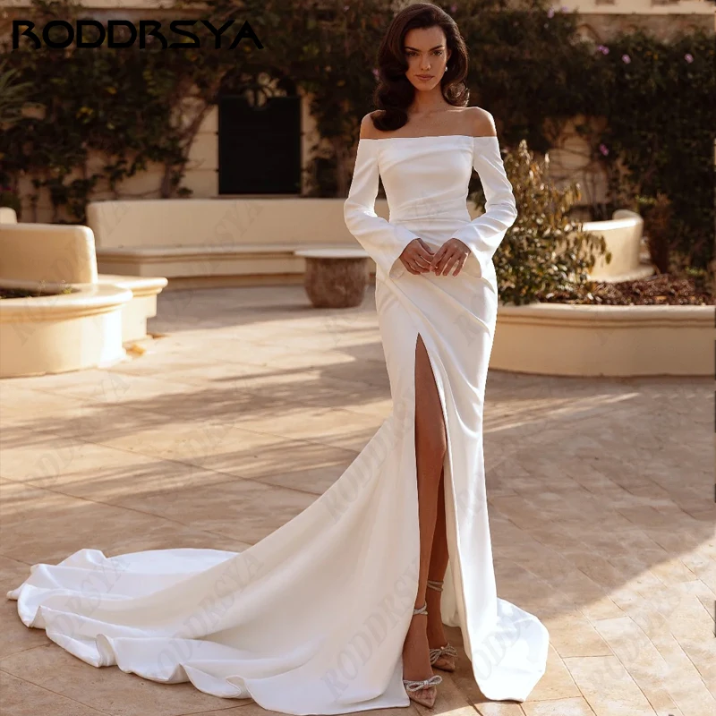 Roddrsya strand hochzeits kleid für braut meerjungfrau eleganter boothals hoch gespaltenes brautkleid ärmelloses weiches satin vestido novia civi strand hochzeits kleid für braut meerjungfrau eleganter boothals hoch ge