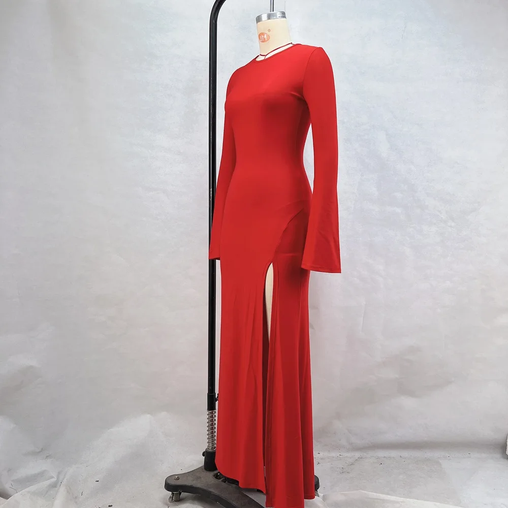 ZAROY vestido largo de fiesta de noche para mujer, vestido largo sexi con abertura lateral y manga acampanada, trajes ajustados elegantes, vestidos rojos de boda a la moda